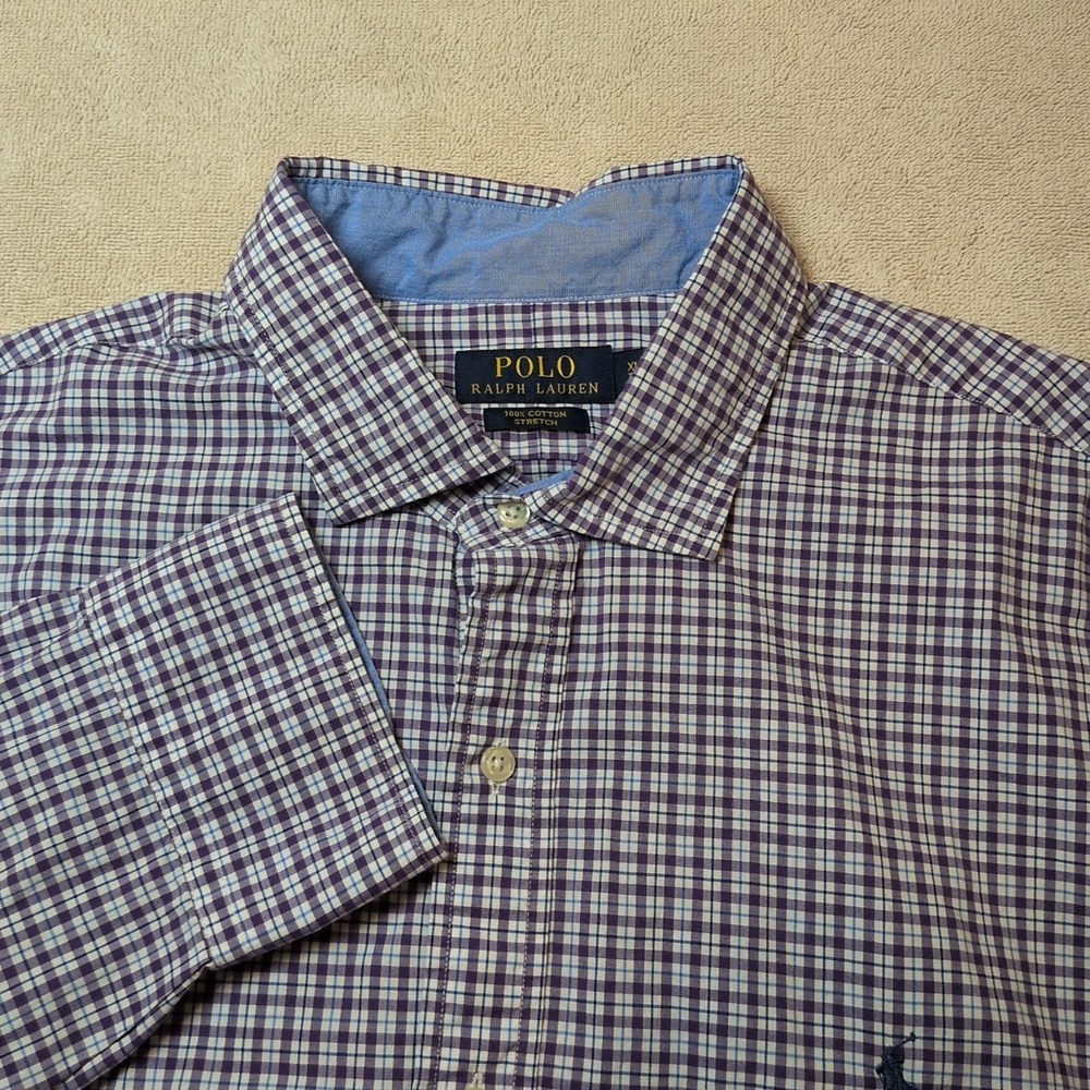 Ralph Lauren Dress Shirt Mens XLT Blue Purple Check Classic Fit Stretch ButtonUp